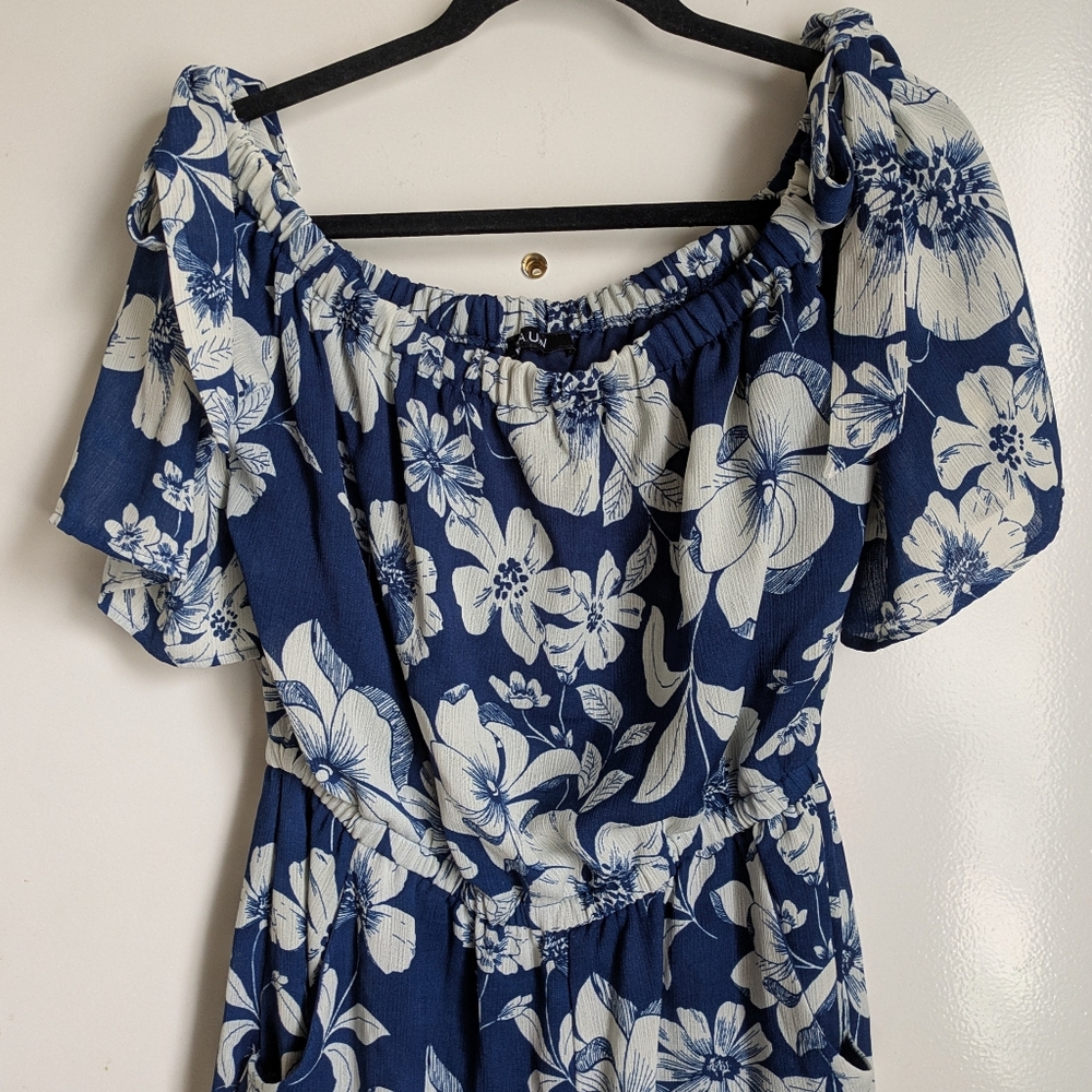 AUW Blue White Floral Tropical Wide Leg Jumpsuit w/ Pockets Shoulder Ties - Picture 2 of 16